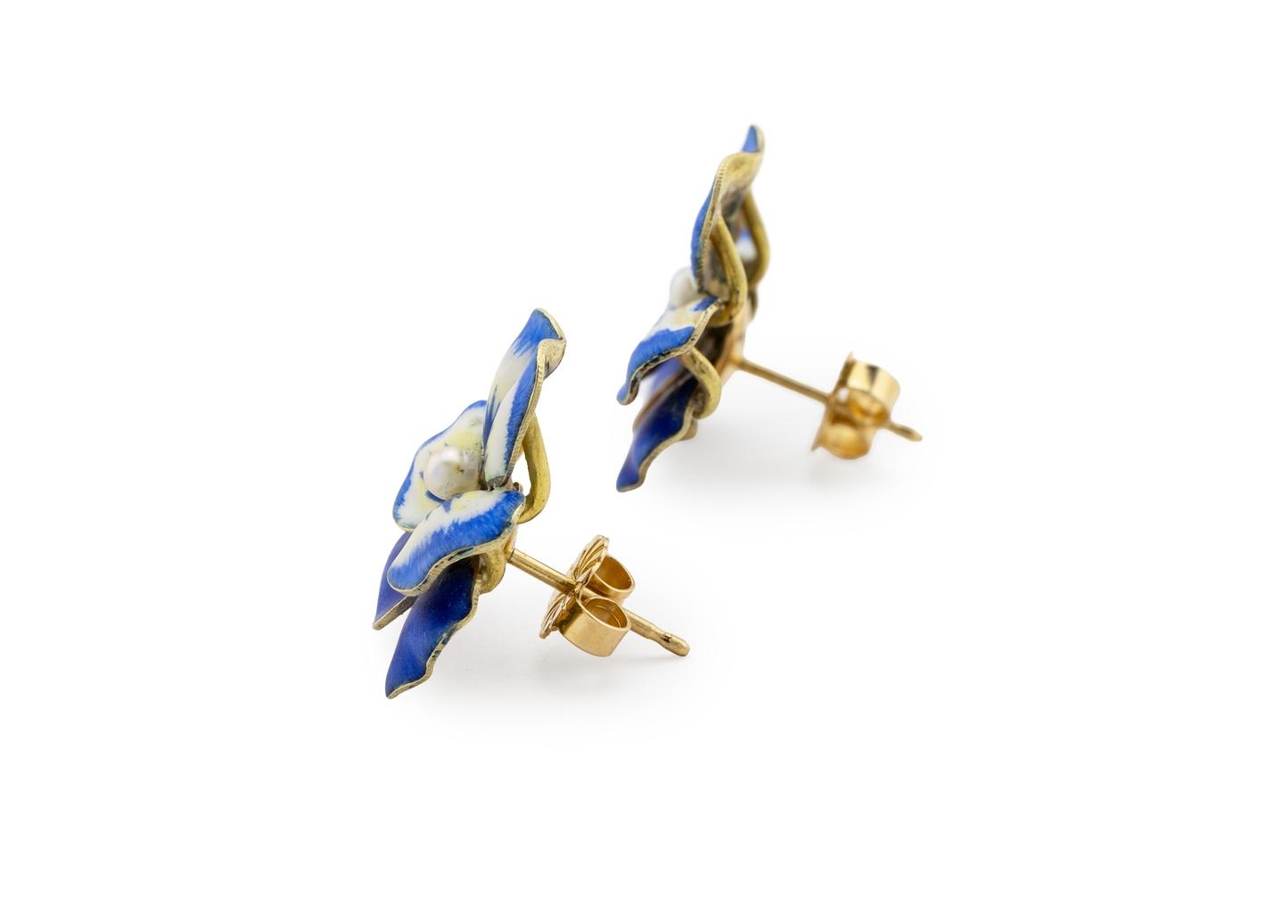 14K Hand Enameled Pansy Flower Studs with Pearls