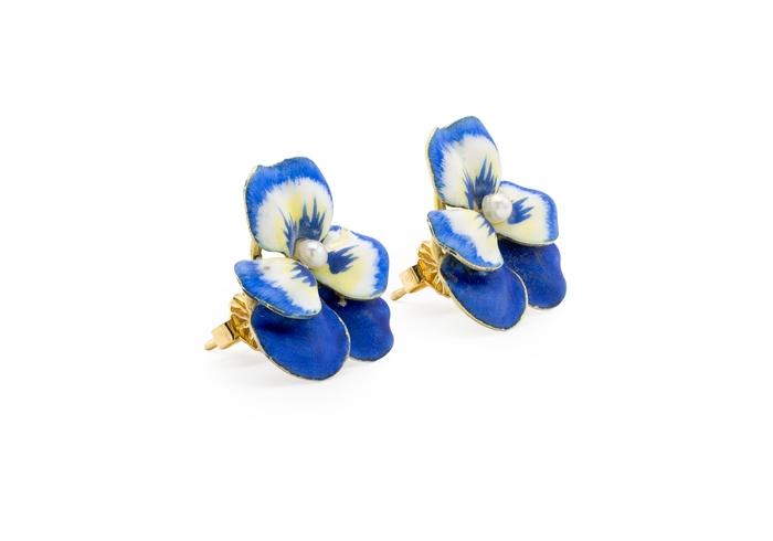 14K Hand Enameled Pansy Flower Studs with Pearls