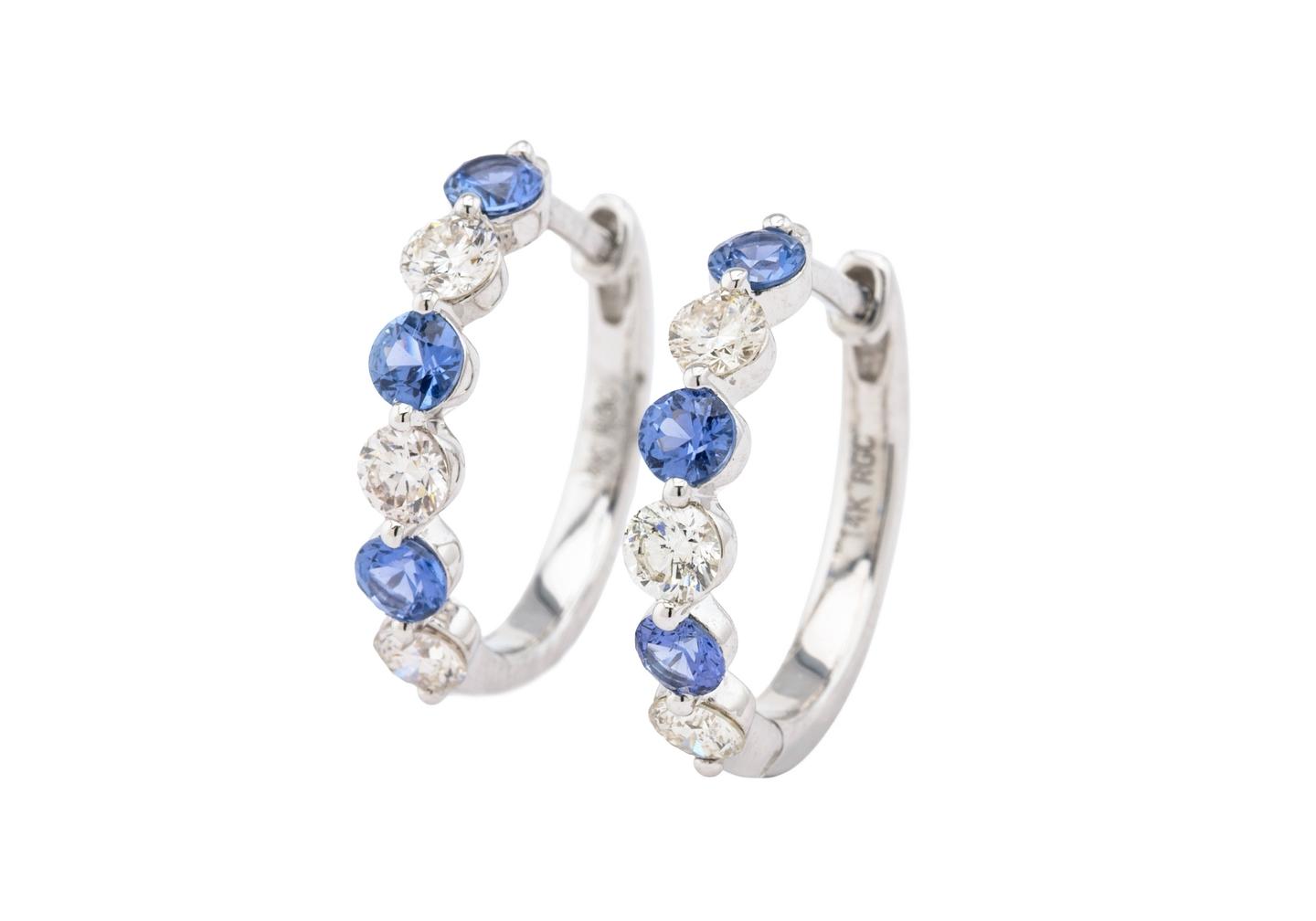 14K Yogo Sapphire and Diamond Hoop Earrings