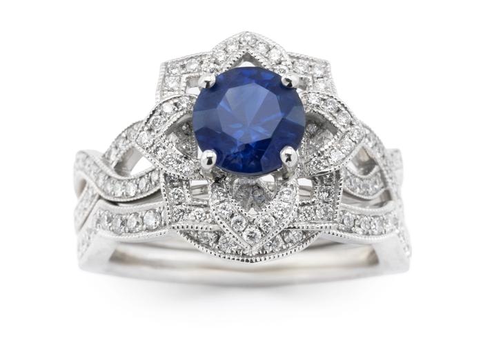 14K Montana Sapphire Engagement Ring and Wedding Band Set