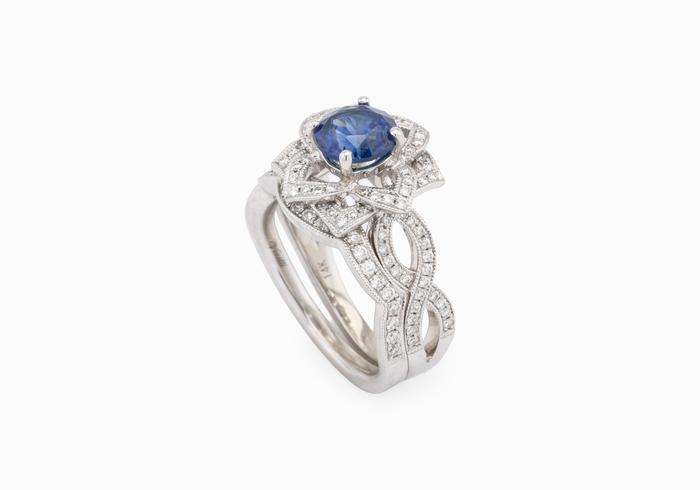 14K Montana Sapphire Engagement Ring and Wedding Band Set