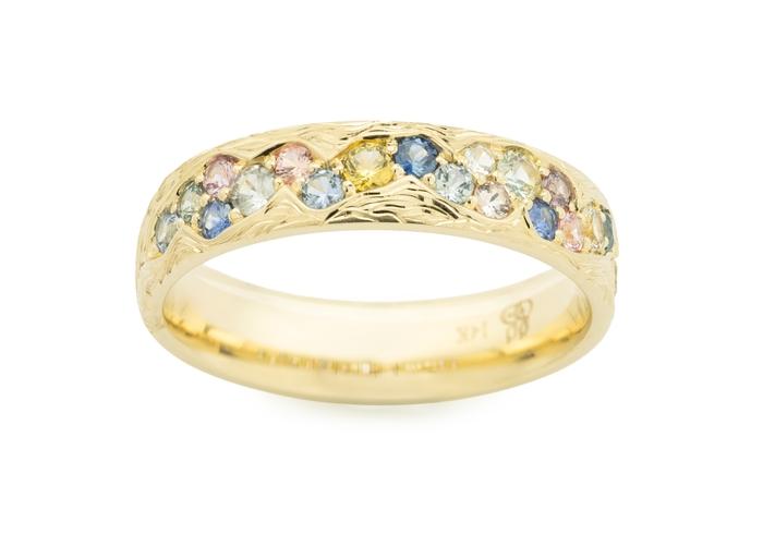 14K Hand Engraved Montana Sapphire Waterfall Band