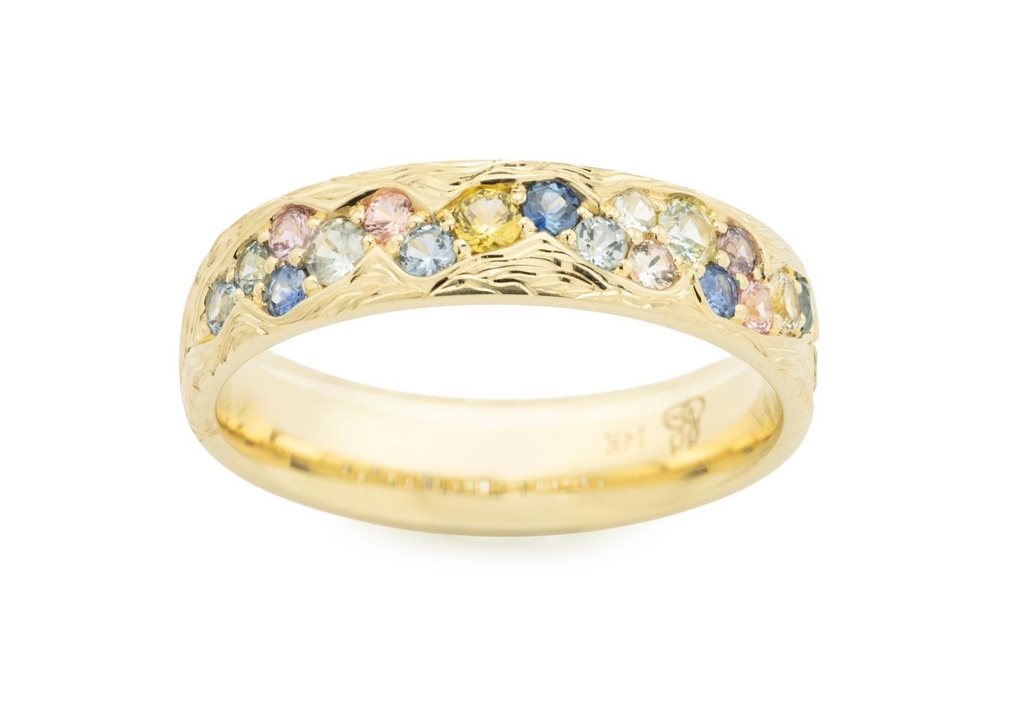 14K Hand Engraved Montana Sapphire Waterfall Band