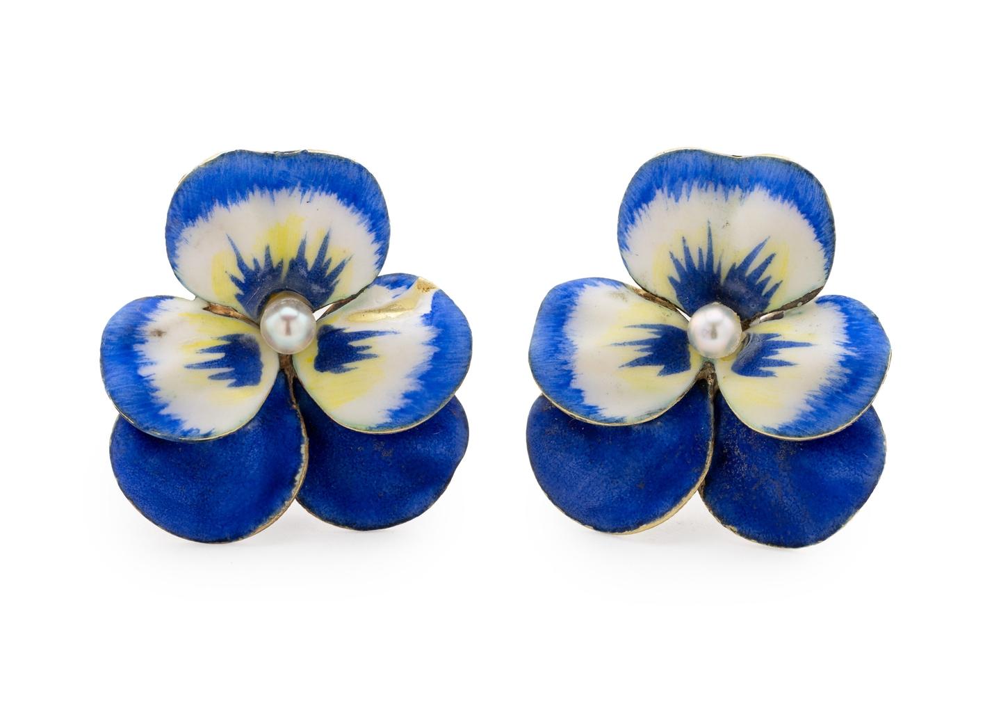 14K Hand Enameled Pansy Flower Studs with Pearls
