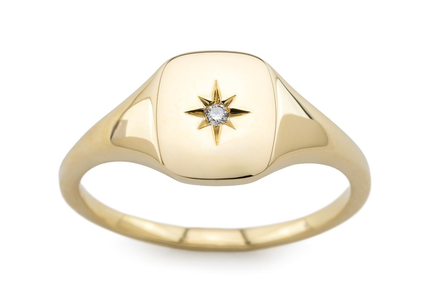 14K Rectangle Signet Ring with Diamond and Star Detail