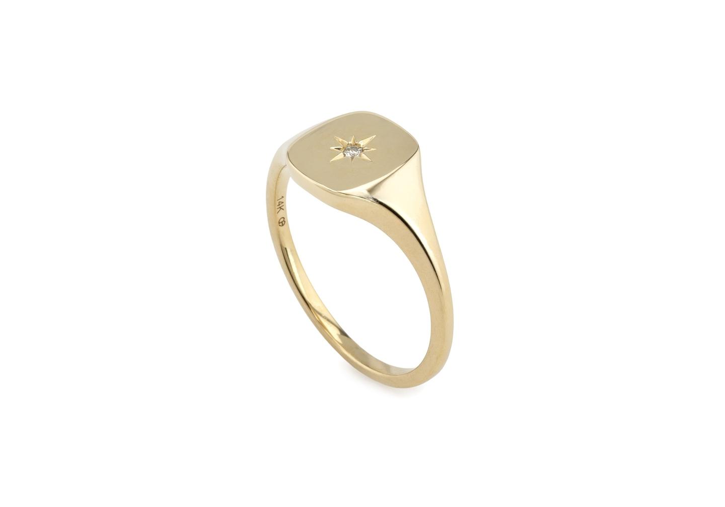 14K Rectangle Signet Ring with Diamond and Star Detail