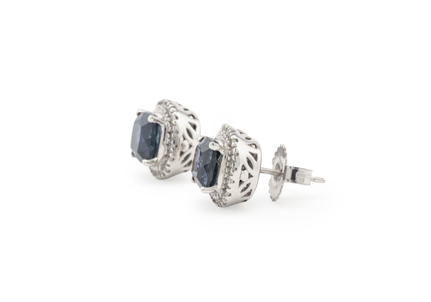 14K Montana Sapphire Cushion Cut Halo Studs