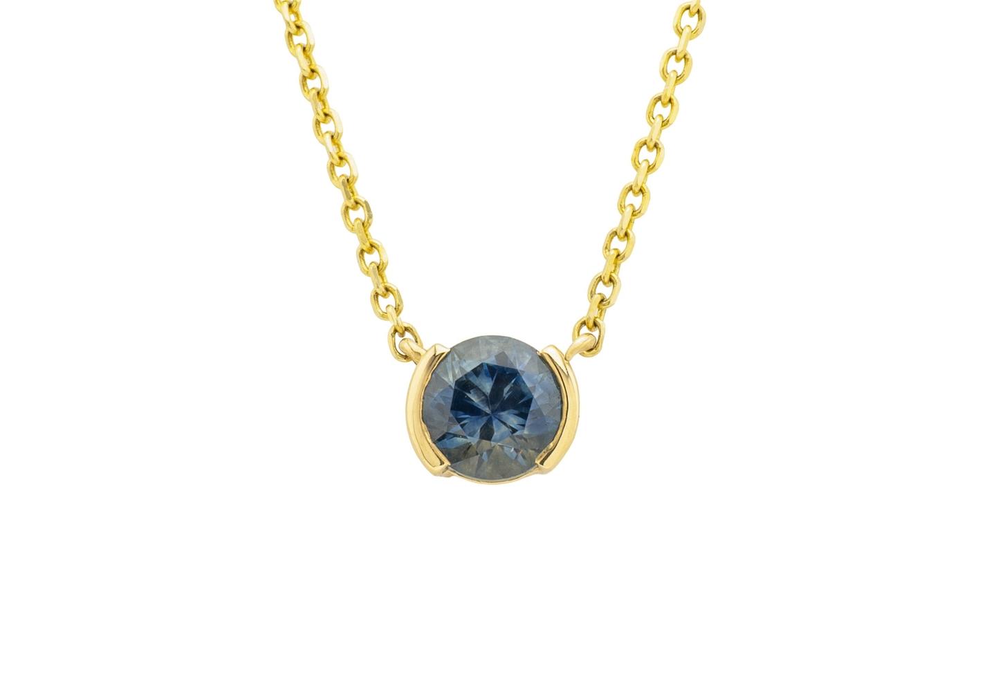 14K Montana Sapphire Half Bezel Solitaire Necklace