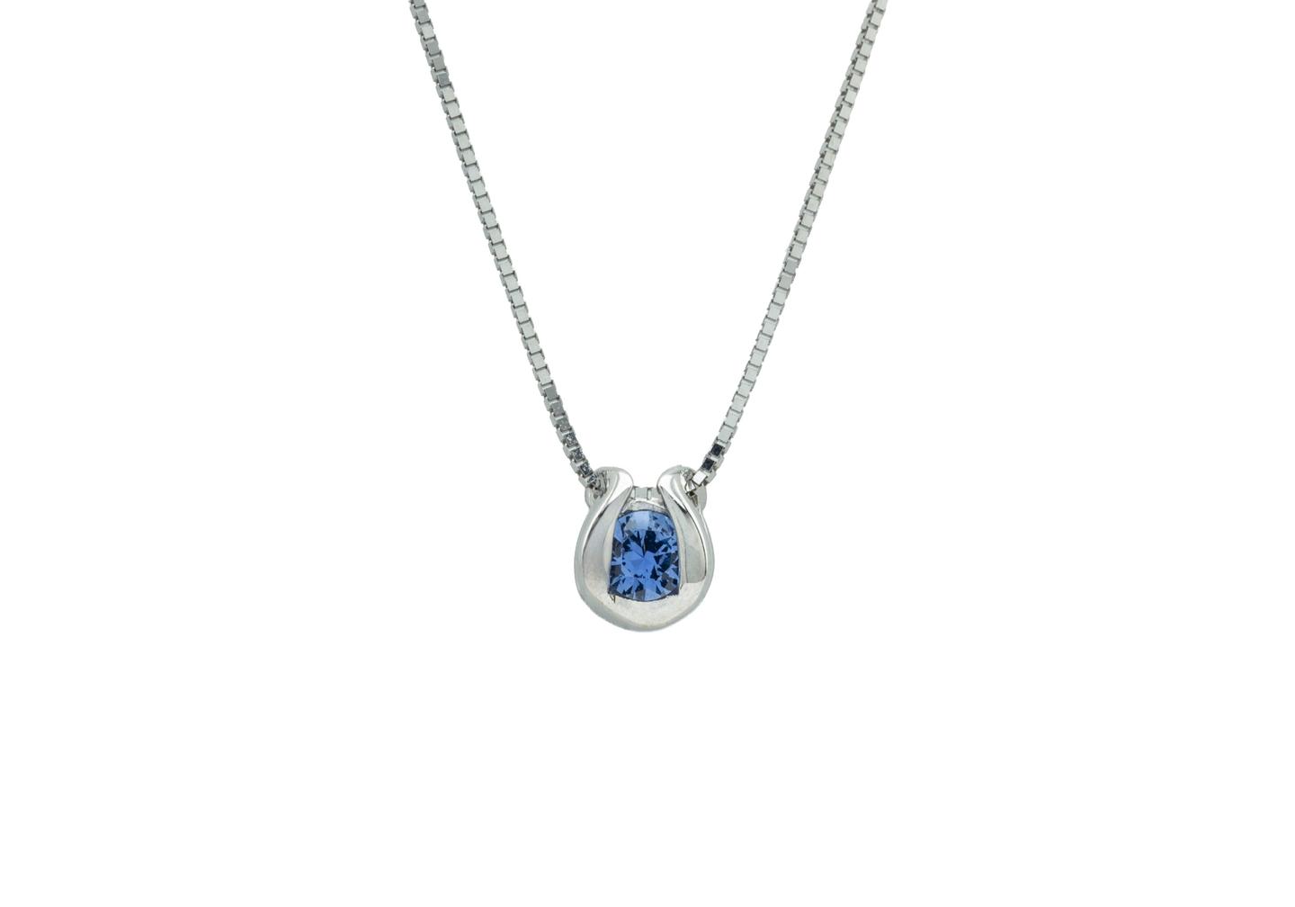 14K Curve Bezel Yogo Sapphire Solitaire Pendant in White Gold