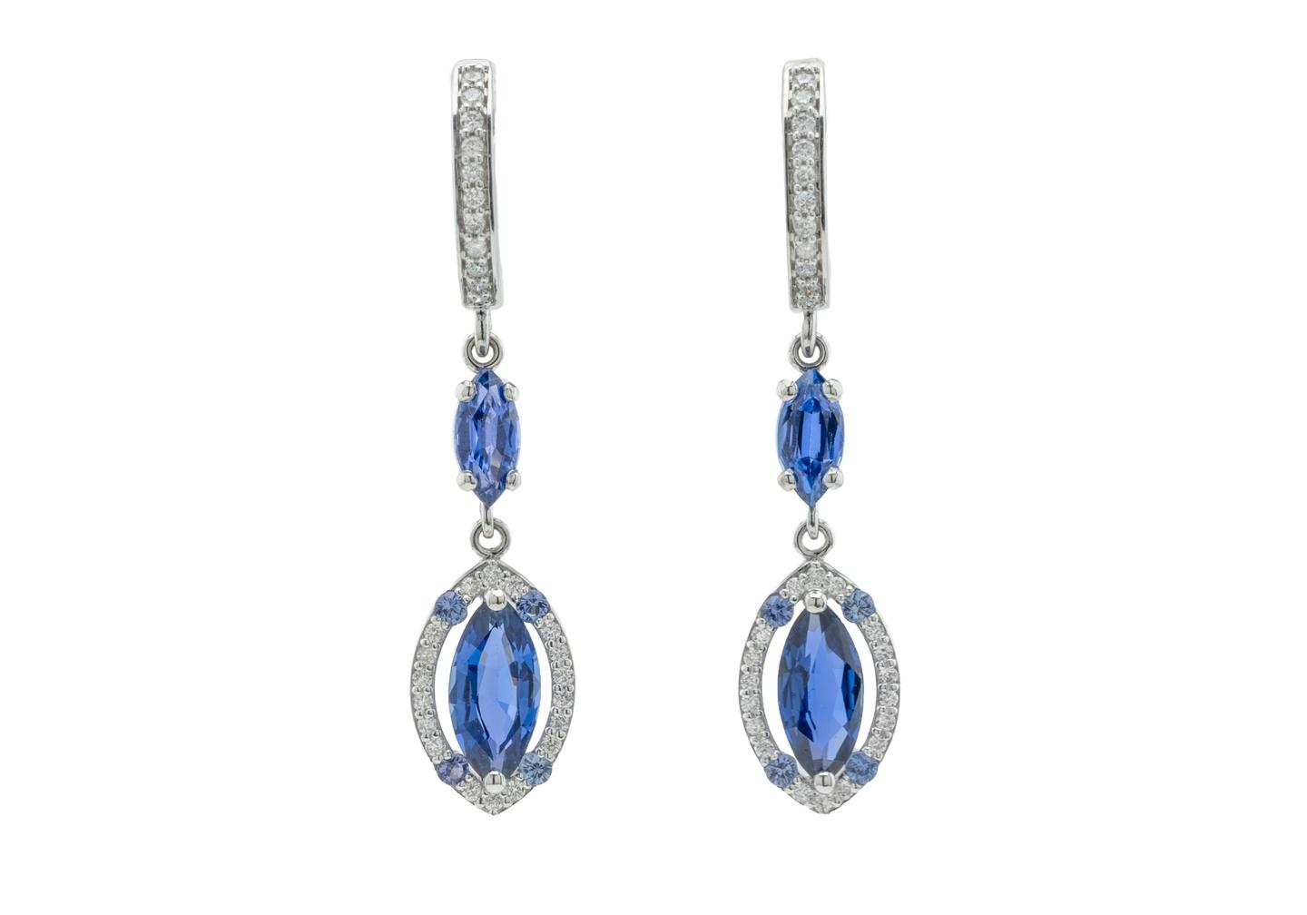 14K Marquise Cut Yogo Sapphire and Diamond Huggie Dangle Hoop Earrings