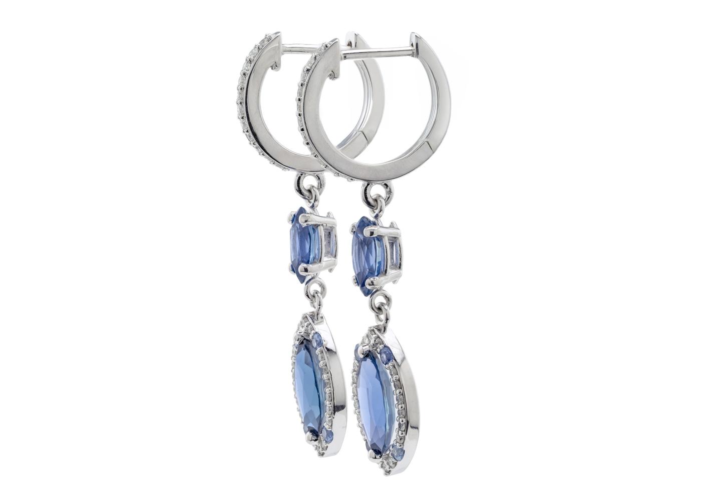 14K Marquise Cut Yogo Sapphire and Diamond Huggie Dangle Hoop Earrings
