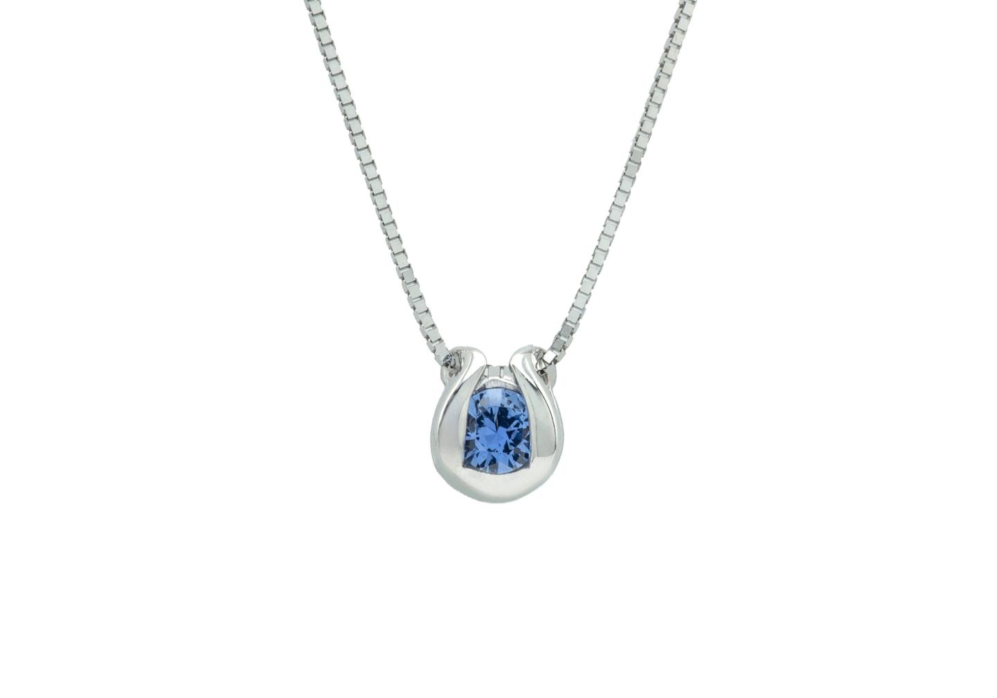 14K Curve Bezel Yogo Sapphire Solitaire Pendant in White Gold