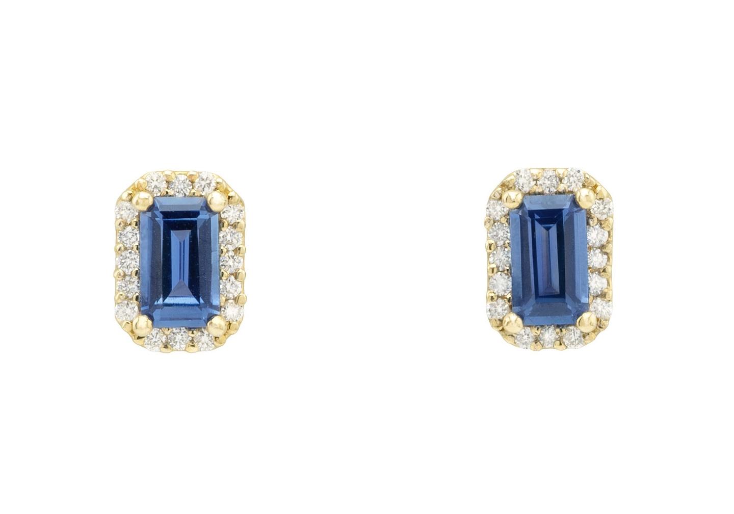 14K Emerald Cut Yogo Sapphire Halo Studs