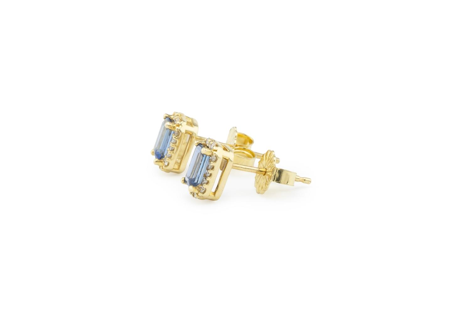 14K Emerald Cut Yogo Sapphire Halo Studs