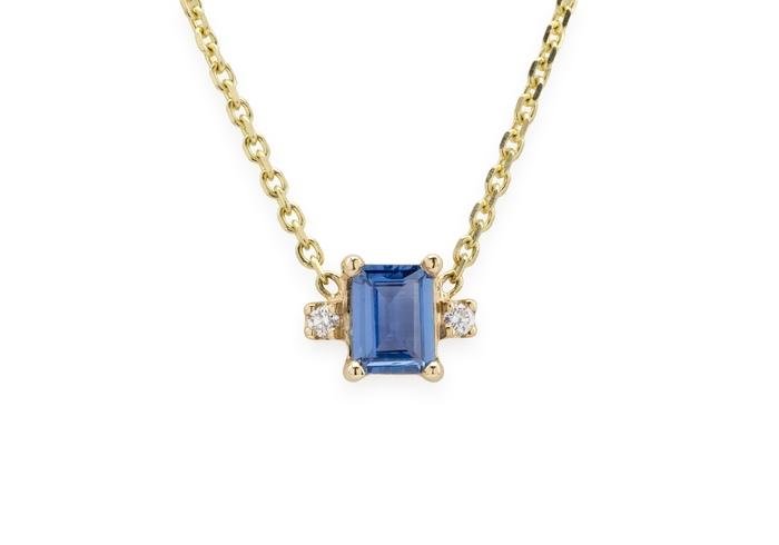 14K Baguette Cut Yogo Sapphire and Diamond Dainty Necklace