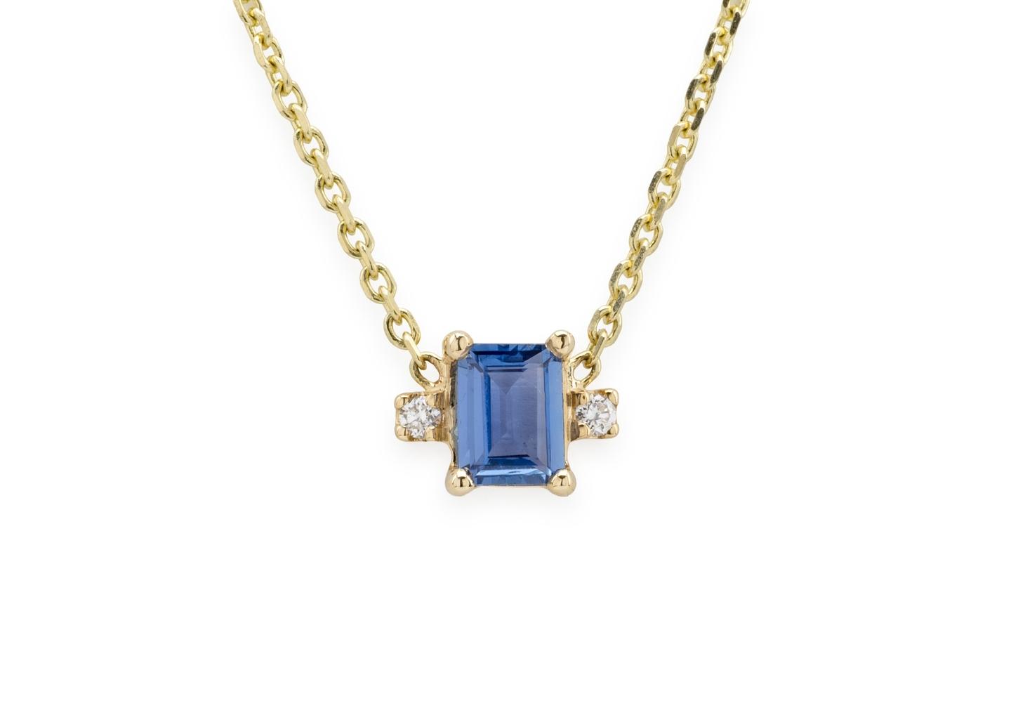 14K Baguette Cut Yogo Sapphire and Diamond Dainty Necklace