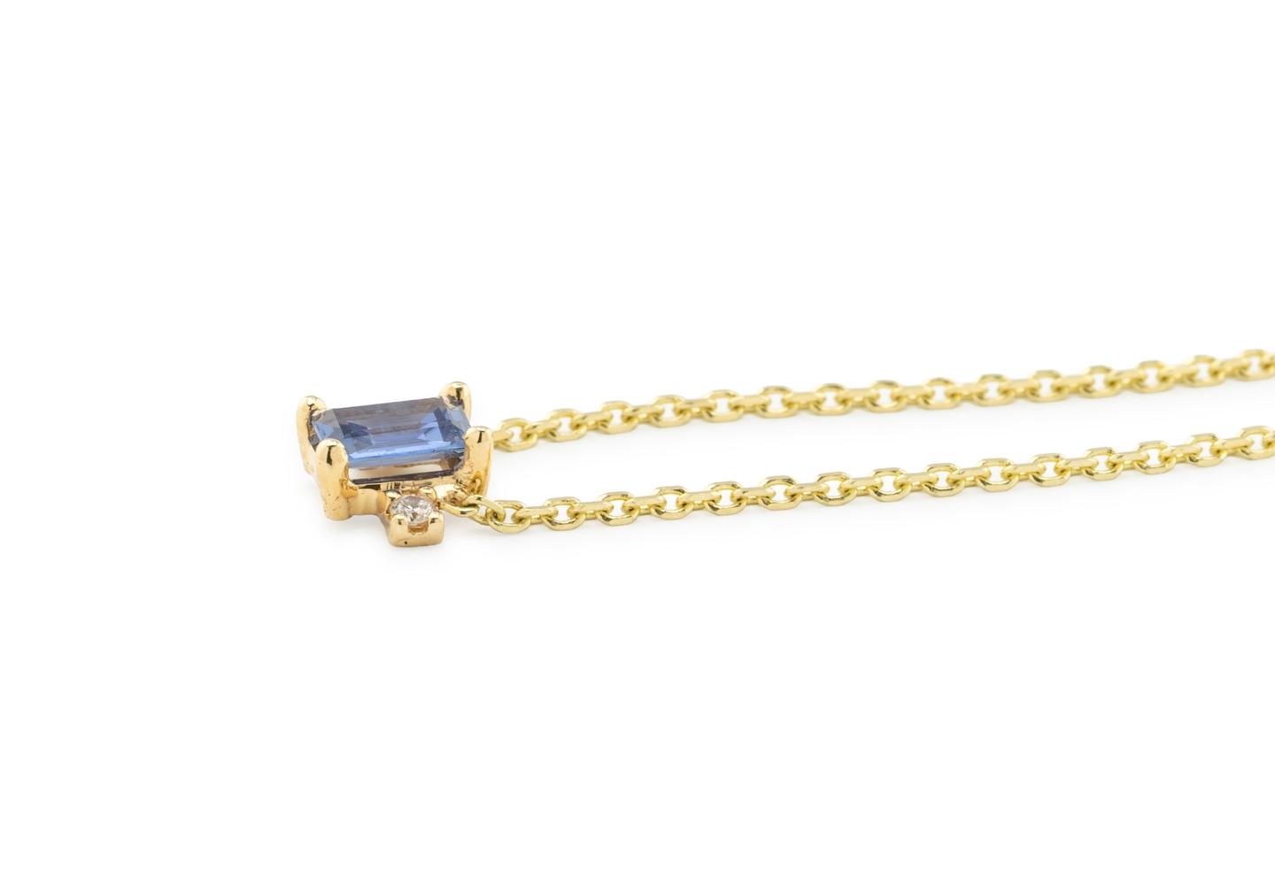 14K Baguette Cut Yogo Sapphire and Diamond Dainty Necklace